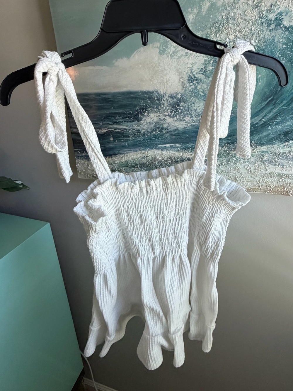 Paper Crane White Smocked Waffle Knit Baby Doll Tie-Strap Tank